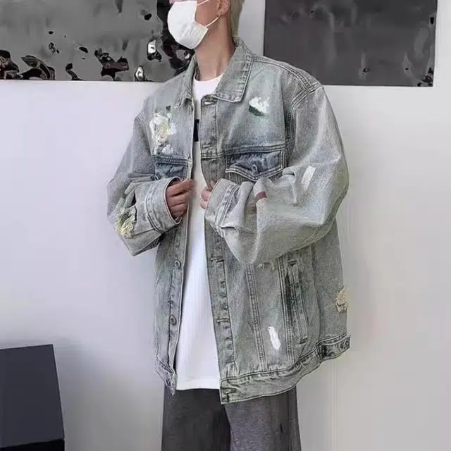 花蔓色 美式户外扎染涂鸦风单排扣破洞重磅落肩直筒水洗做旧复古无性别宽松高街学院风时尚简约百搭舒适长袖牛仔外套 女款 蓝色