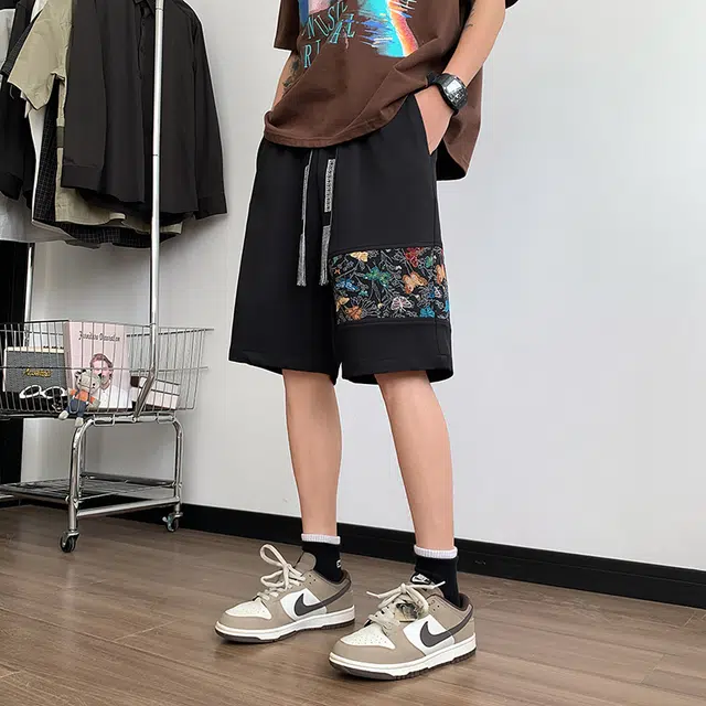 袋鼠 新中式运动刺绣拼接印花国风复古五分裤潮流宽松舒适百搭休闲短裤 男女同款