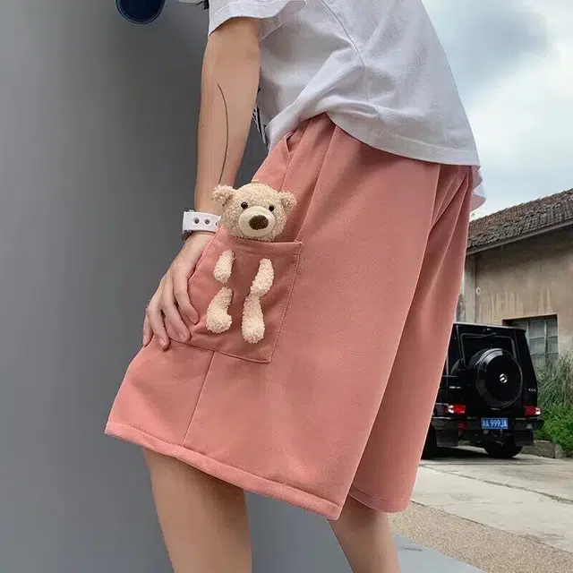 袋鼠 高街小熊玩偶装饰五分裤拼接立体剪裁设计日系美式韩版潮牌解构极简宽松创意街头通勤百搭时尚清爽透气休闲短裤 男女同款
