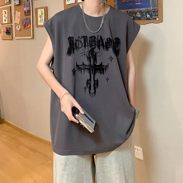 袋鼠 高街字母十字架边缘虚化设计纯色立体剪裁设计日系美式韩版潮牌解构极简宽松设计感街头通勤休闲百搭时尚清爽透气背心 男女同款