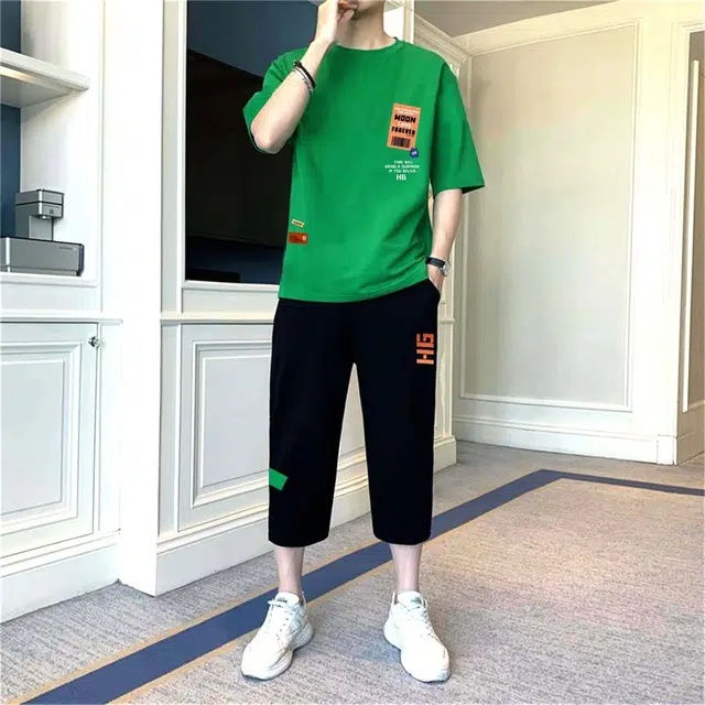 袋鼠 色块标签字母印花七分裤复古设计日系美式韩版潮牌解构极简宽松创意设计感街头通勤百搭时尚清爽透气圆领休闲运动套装 男女同款