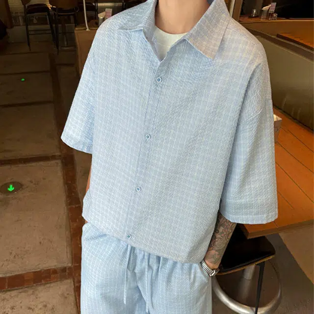 袋鼠 高街复古格纹立体剪裁设计日系美式韩版潮牌解构极简宽松创意设计感街头通勤休闲百搭时尚清爽透气短袖衬衫 男女同款