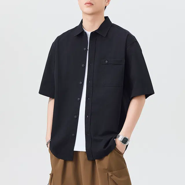 袋鼠 日系纯色基础宽松简约休闲落肩翻领短袖衬衫 男女同款