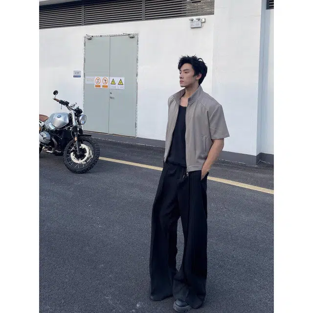 袋鼠 潮牌小众设计感廓形美式立领短款个性百搭短袖夹克外套 男女同款