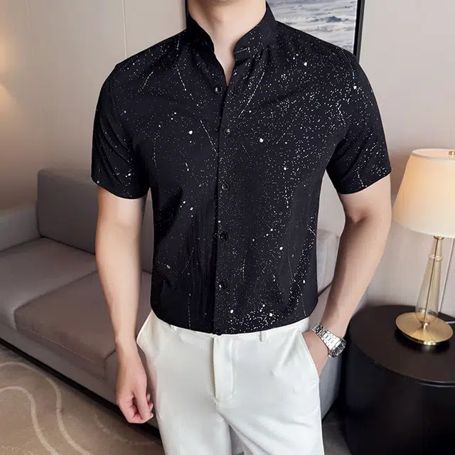 袋鼠 高级感满天星烫金滴胶时尚休闲免熨短袖立领衬衣百搭修身衬衫 男女同款