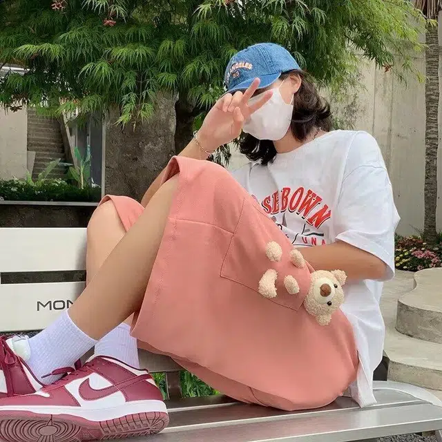 袋鼠 高街小熊玩偶装饰五分裤拼接立体剪裁设计日系美式韩版潮牌解构极简宽松创意街头通勤百搭时尚清爽透气休闲短裤 男女同款