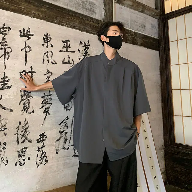 袋鼠 新中式立领复古解构极简宽松通勤休闲百搭时尚清爽透气短袖衬衫 男女同款