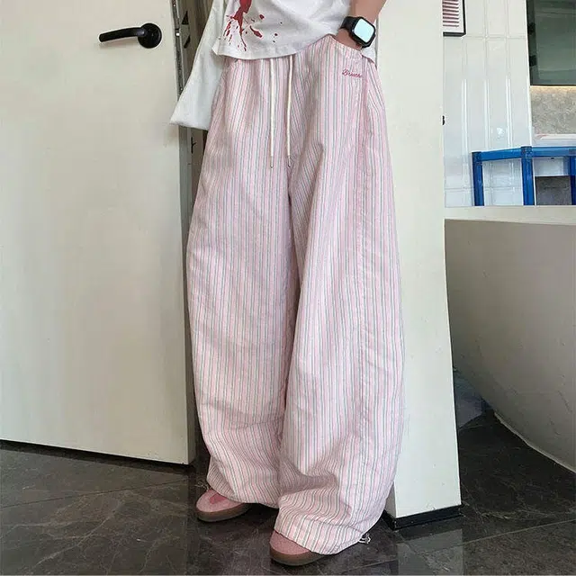 袋鼠 潮流多巴胺撞色条纹宽松休闲裤格子慵懒垂感直筒裤速干山本裤休闲裤 男女同款
