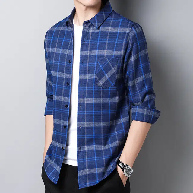 袋鼠 美式休闲文艺风经典款轻商务痞帅水洗衬衣外套修身大码翻领百搭正装长袖格子衬衫 男女同款