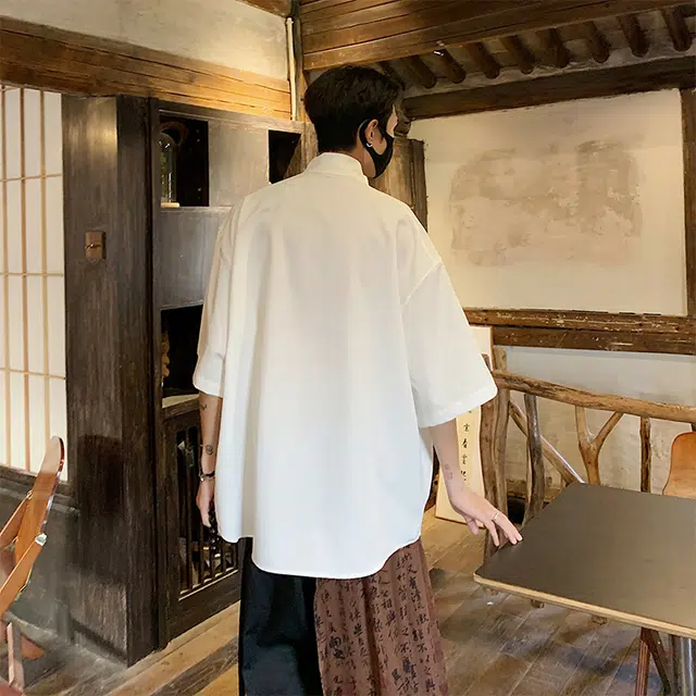 袋鼠 新中式立领复古解构极简宽松通勤休闲百搭时尚清爽透气短袖衬衫 男女同款