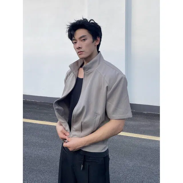 袋鼠 潮牌小众设计感廓形美式立领短款个性百搭短袖夹克外套 男女同款