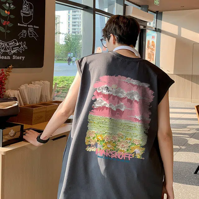 袋鼠 背面多巴胺油画风景创意印花设计高街氛围感清爽透气休闲百搭宽松时尚纯棉背心 男女同款