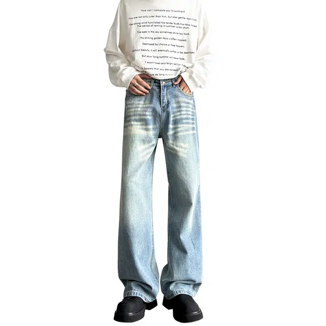 袋鼠 美式复古休闲简约风百搭基础款水洗做旧竹节纹潮牌宽松微喇长裤子牛仔裤 男女同款