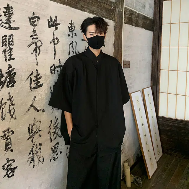 袋鼠 新中式立领复古解构极简宽松通勤休闲百搭时尚清爽透气短袖衬衫 男女同款