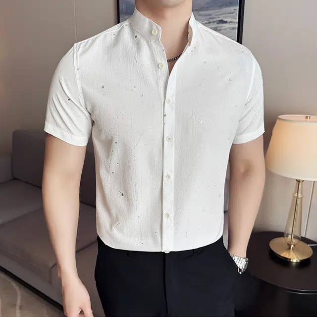 袋鼠 高级感满天星烫金滴胶时尚休闲免熨短袖立领衬衣百搭修身衬衫 男女同款