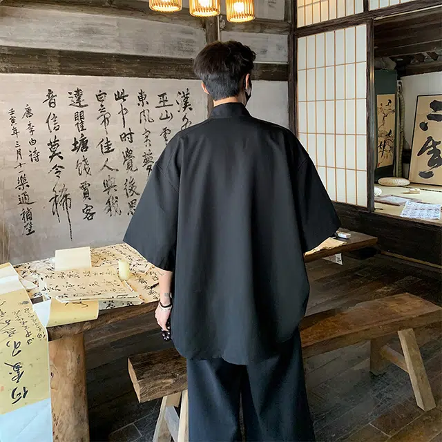 袋鼠 新中式立领复古解构极简宽松通勤休闲百搭时尚清爽透气短袖衬衫 男女同款