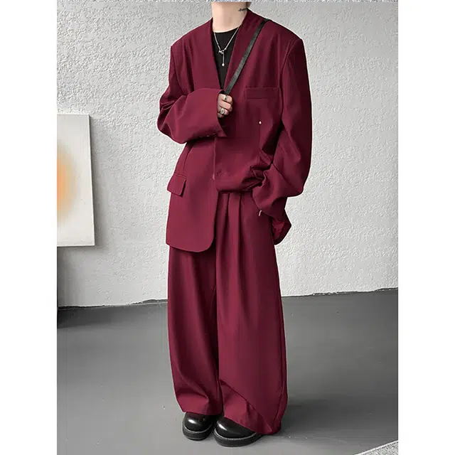 袋鼠 潮流休闲圆领西服外套高级痞帅宽松韩版轻奢设计时尚气质轻熟风商务西装 男女同款