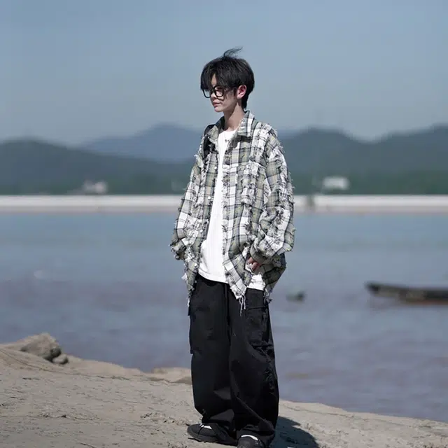 袋鼠 港风破洞格子流苏外套设计感格纹美式时尚复古宽松大码休闲长袖衬衫 男女同款