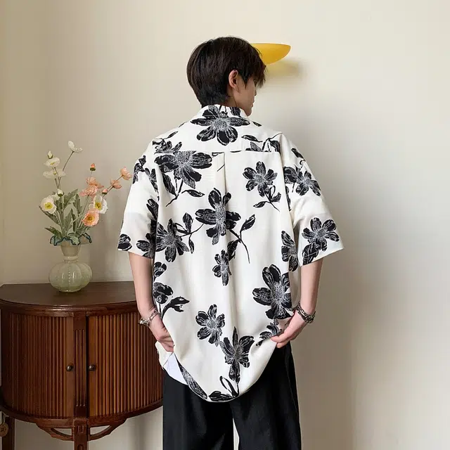 袋鼠 港风大码翻领开衫短袖花衬衣纯棉印花免烫痞帅外搭慵懒感衬衫 男女同款