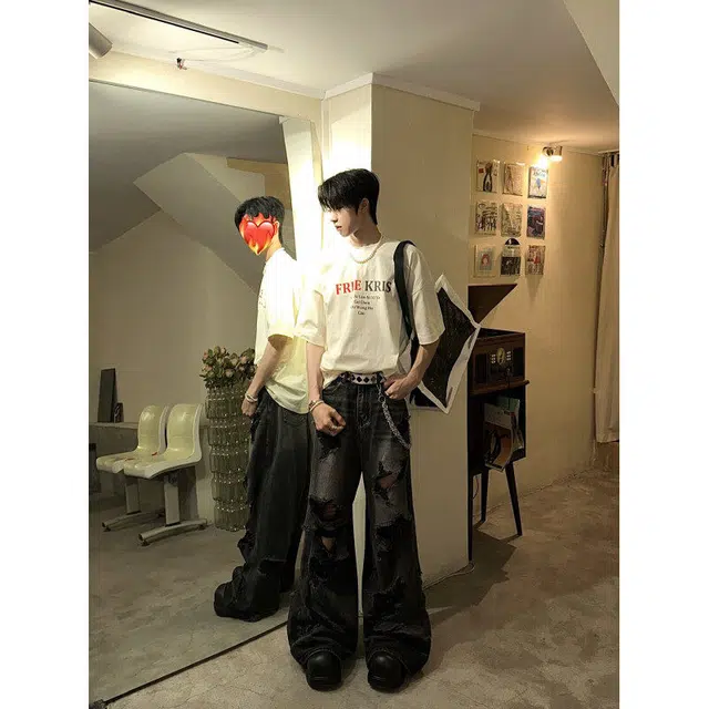 袋鼠 宽松直筒高街美式休闲阔腿拖地破洞牛仔裤 男女同款 黑色
