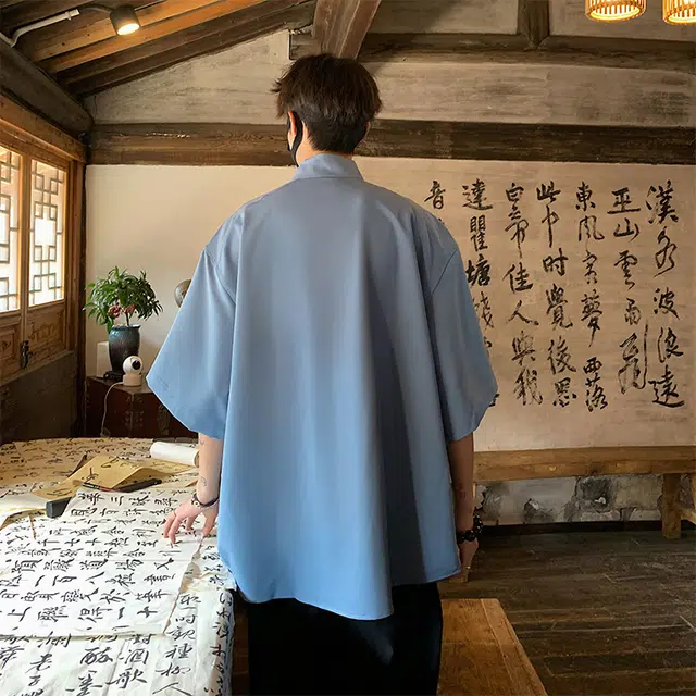 袋鼠 新中式立领复古解构极简宽松通勤休闲百搭时尚清爽透气短袖衬衫 男女同款