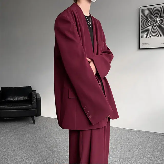 袋鼠 潮流休闲圆领西服外套高级痞帅宽松韩版轻奢设计时尚气质轻熟风商务西装 男女同款