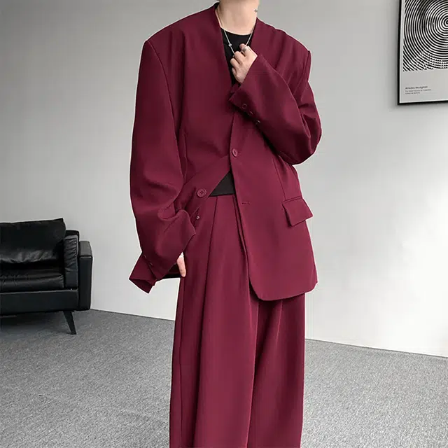 袋鼠 潮流休闲圆领西服外套高级痞帅宽松韩版轻奢设计时尚气质轻熟风商务西装 男女同款