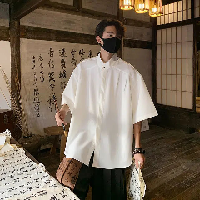 袋鼠 新中式立领复古解构极简宽松通勤休闲百搭时尚清爽透气短袖衬衫 男女同款