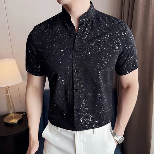 袋鼠 高级感满天星烫金滴胶时尚休闲免熨短袖立领衬衣百搭修身衬衫 男女同款