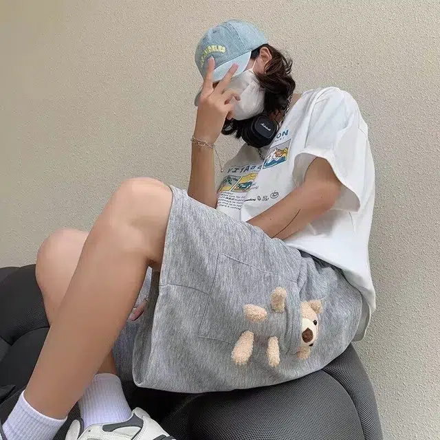 袋鼠 高街小熊玩偶装饰五分裤拼接立体剪裁设计日系美式韩版潮牌解构极简宽松创意街头通勤百搭时尚清爽透气休闲短裤 男女同款