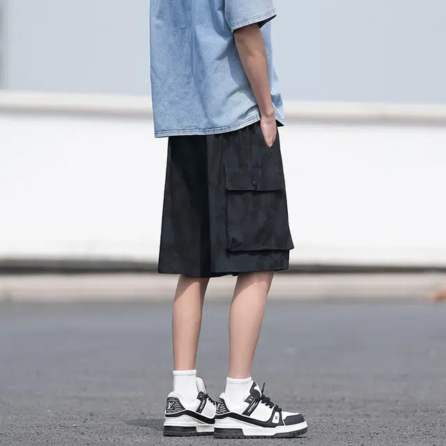 袋鼠 新中式国风扎染设计大口袋宽松五分休闲短裤 男女同款