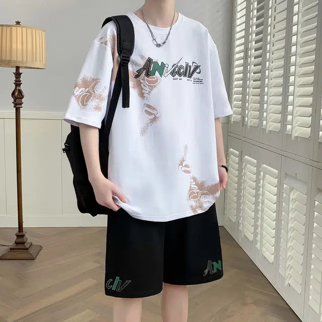 袋鼠 纯色纹路印花短袖五分裤复古设计日系美式韩版潮牌解构极简宽松创意设计感街头通勤百搭时尚清爽透气圆领休闲运动套装 男女同款