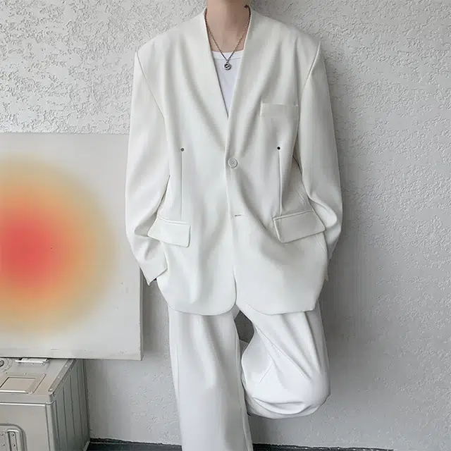 袋鼠 潮流休闲圆领西服外套高级痞帅宽松韩版轻奢设计时尚气质轻熟风商务西装 男女同款