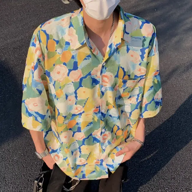 袋鼠 小清新花卉活力多巴胺青春时尚凉爽百搭松弛感小众沙滩旅行穿搭海边夏威夷休闲外套短袖衬衫 男女同款