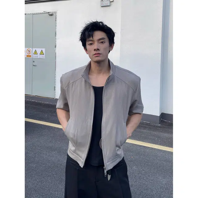 袋鼠 潮牌小众设计感廓形美式立领短款个性百搭短袖夹克外套 男女同款