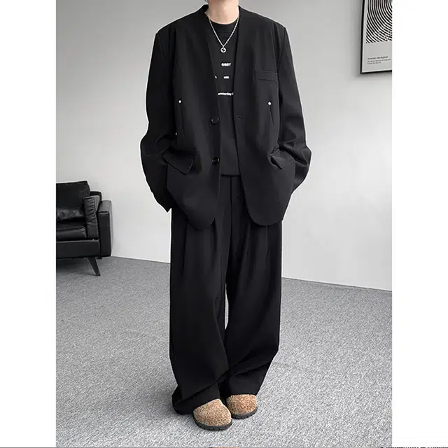 袋鼠 潮流休闲圆领西服外套高级痞帅宽松韩版轻奢设计时尚气质轻熟风商务西装 男女同款