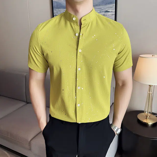 袋鼠 高级感满天星烫金滴胶时尚休闲免熨短袖立领衬衣百搭修身衬衫 男女同款