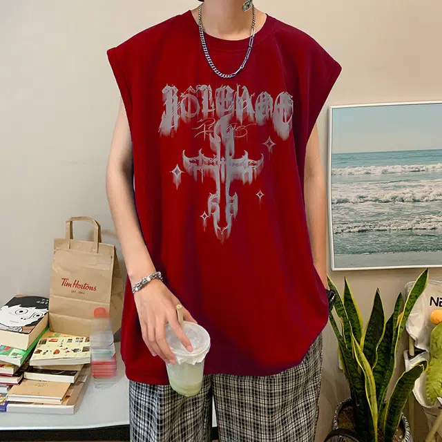 袋鼠 高街字母十字架边缘虚化设计纯色立体剪裁设计日系美式韩版潮牌解构极简宽松设计感街头通勤休闲百搭时尚清爽透气背心 男女同款