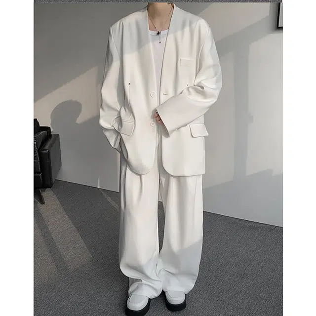 袋鼠 潮流休闲圆领西服外套高级痞帅宽松韩版轻奢设计时尚气质轻熟风商务西装 男女同款