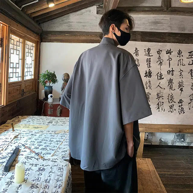 袋鼠 新中式立领复古解构极简宽松通勤休闲百搭时尚清爽透气短袖衬衫 男女同款