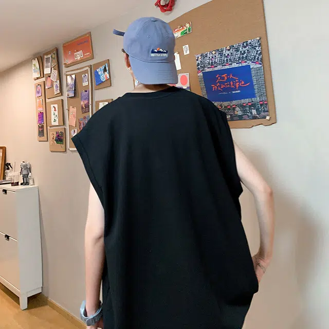 袋鼠 高街字母十字架边缘虚化设计纯色立体剪裁设计日系美式韩版潮牌解构极简宽松设计感街头通勤休闲百搭时尚清爽透气背心 男女同款