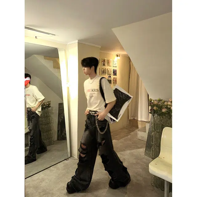 袋鼠 宽松直筒高街美式休闲阔腿拖地破洞牛仔裤 男女同款 黑色