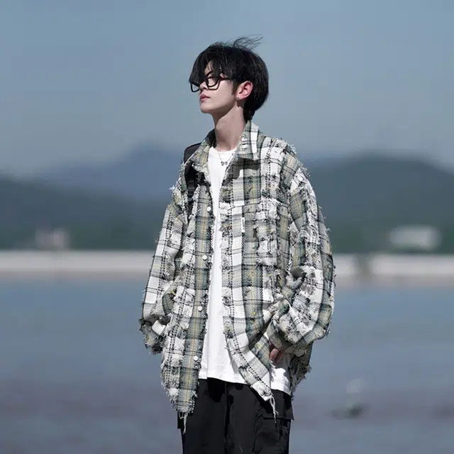 袋鼠 港风破洞格子流苏外套设计感格纹美式时尚复古宽松大码休闲长袖衬衫 男女同款