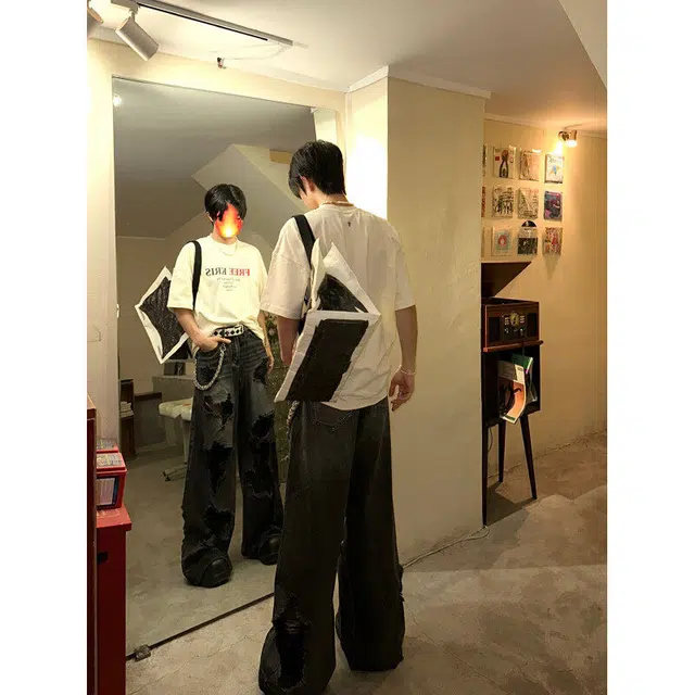 袋鼠 宽松直筒高街美式休闲阔腿拖地破洞牛仔裤 男女同款 黑色
