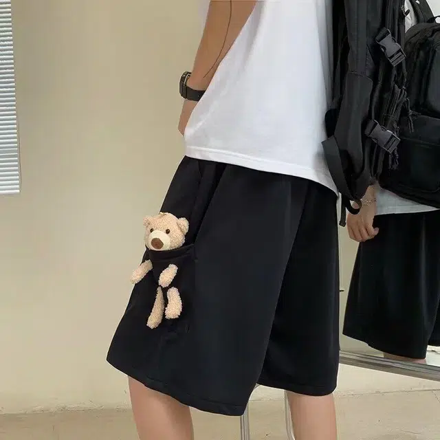 袋鼠 高街小熊玩偶装饰五分裤拼接立体剪裁设计日系美式韩版潮牌解构极简宽松创意街头通勤百搭时尚清爽透气休闲短裤 男女同款