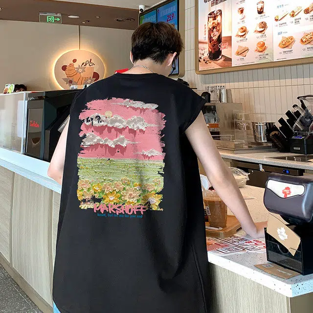 袋鼠 背面多巴胺油画风景创意印花设计高街氛围感清爽透气休闲百搭宽松时尚纯棉背心 男女同款