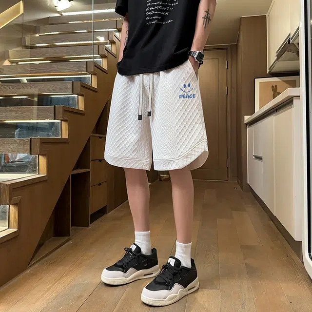 兰缪 美式复古高街简约基础款设计印花日常通勤户外宽松运动透气潮流柔软百搭直筒垂感系带五分休闲短裤 男女同款