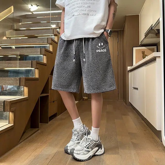 兰缪 美式复古日系高街风简约基础款设计印花日常通勤户外运动山系宽松清爽透气潮流柔软百搭直筒垂感系带休闲短裤 男女同款