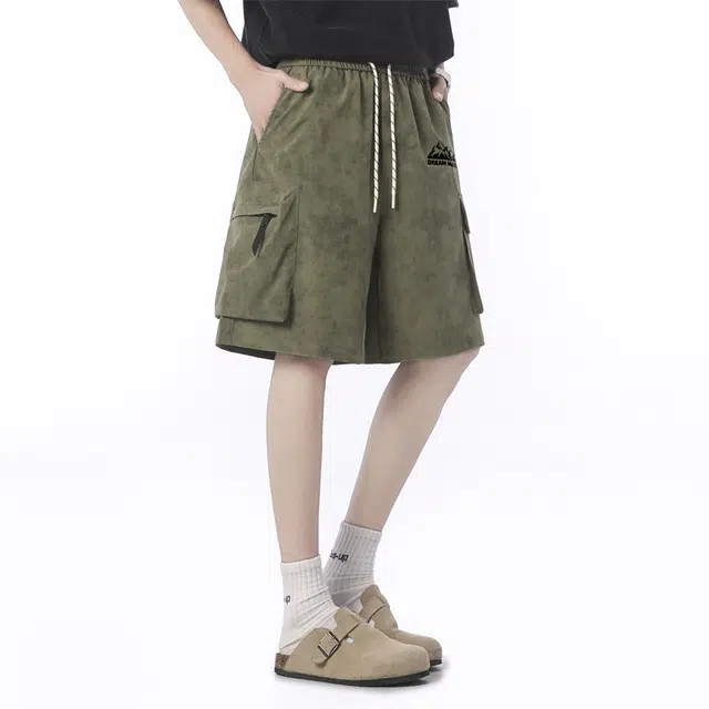 兰缪 美式户外日常复古舒适透气运动印花百搭直筒纯色休闲短裤 男女同款