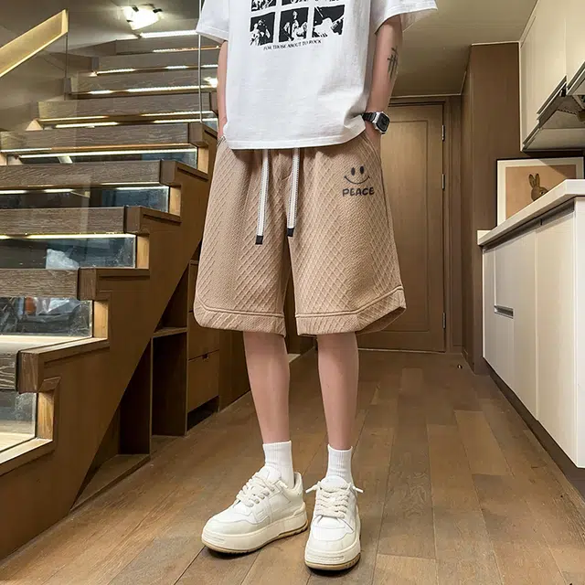 兰缪 美式复古高街简约基础款设计印花日常通勤户外宽松运动透气潮流柔软百搭直筒垂感系带五分休闲短裤 男女同款